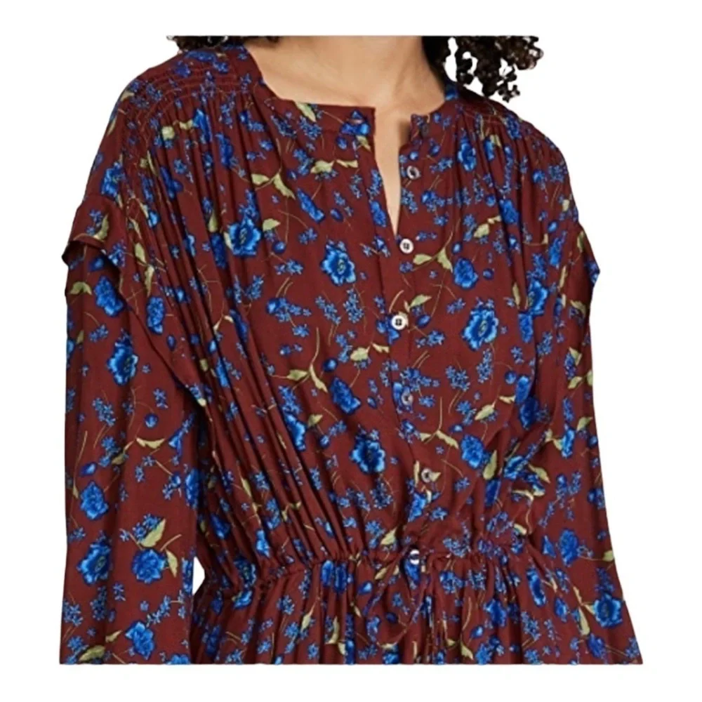 Free People Burgundy Blue Floral Long Sleeve Tie Waist Mini Dress Small